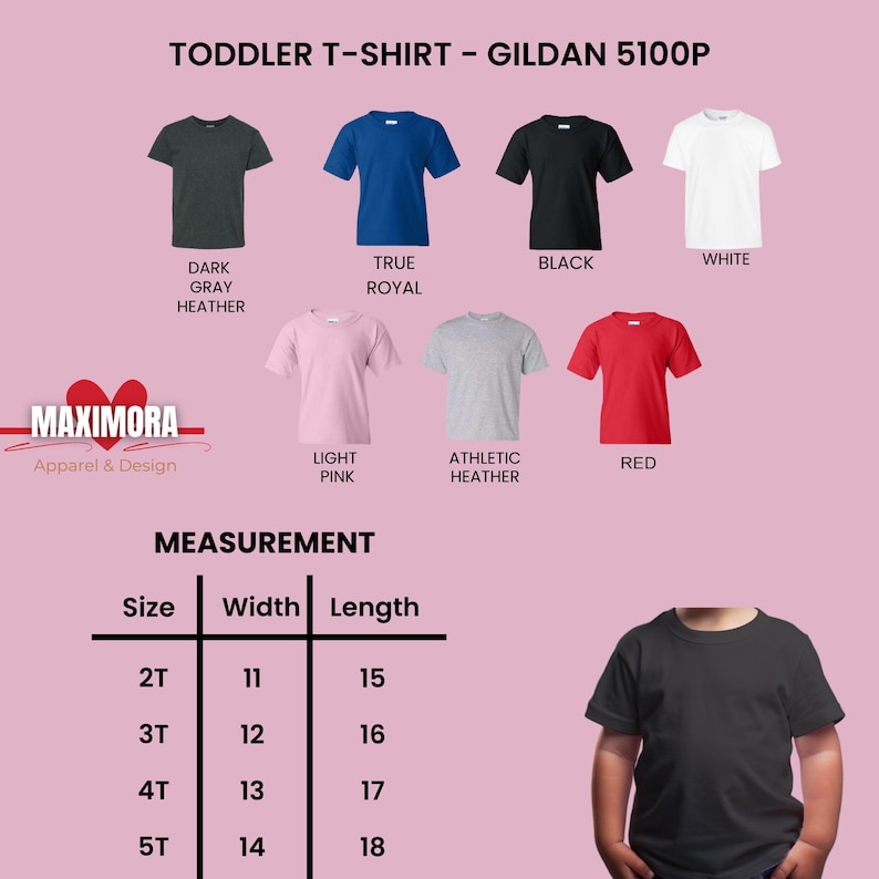 Puede incluir: Una selecci&oacute;n de camisetas para ni&ntilde;os peque&ntilde;os en varios colores: gris oscuro jaspeado, azul real, negro, blanco, rosa claro, jaspeado atl&eacute;tico y rojo. La imagen tambi&eacute;n muestra una tabla de tallas con medidas en cent&iacute;metros.