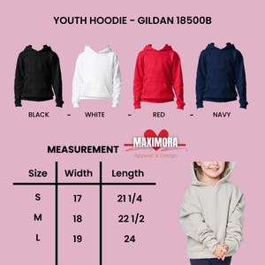 May include: Youth hoodies in black, white, red, and navy blue. The image includes a size chart with measurements in inches: width 43-48 cm, length 54-61 cm. The text "YOUTH HOODIE - GILDAN 18500B" is at the top.