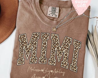 Comfort Colors® Personalized Mimi Shirt with Grandkids Names, Leopard Mimi T-Shirt, Mimi Gifts, Christmas Gift, Custom Kids Names Mimi Shirt