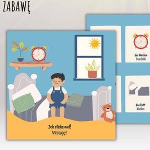 May include: A digital product for children featuring colorful illustrations and bilingual vocabulary in Polish and German. The image shows a child's bedroom scene with text in Polish and German. Includes a digital product description.