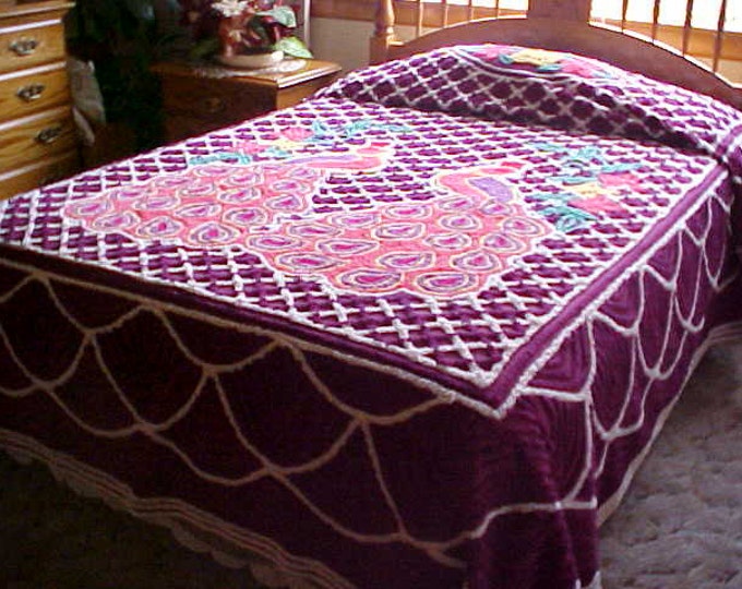 Peacock Chenille Bedspread in Wineorangegreen and Yellow Etsy