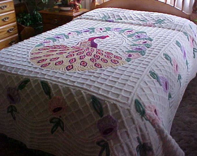 Vintage 1950's Peacock Chenille Bedspread Fits Full Size Etsy