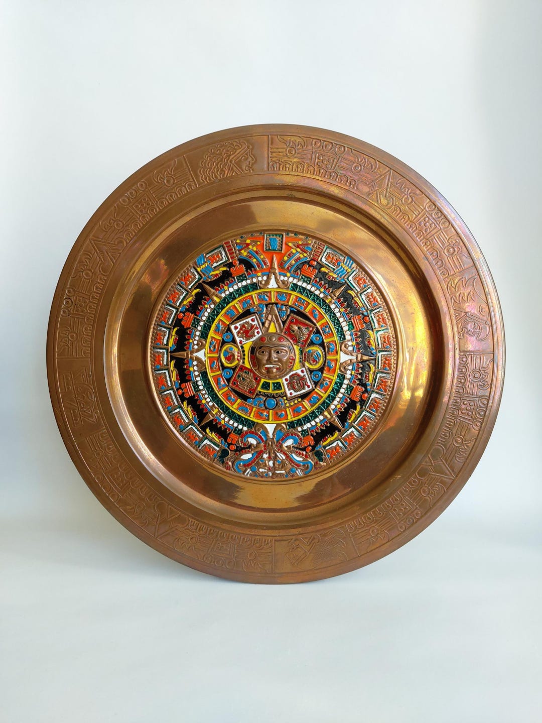 Vintage Solid Brass Aztec Calendar Plate, Hand-painted Enamel Decor - Etsy