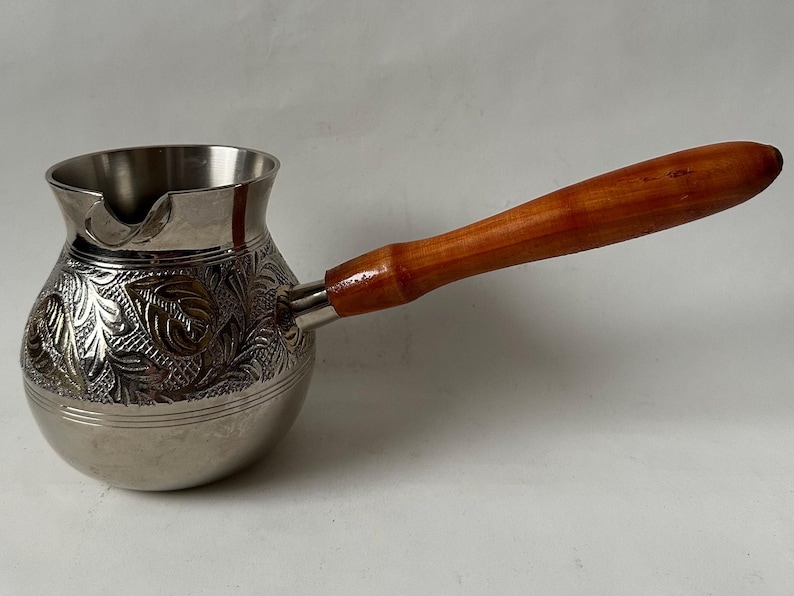 Vintage Brass Sharvgun Turkish Coffee Pot with Wooden Handle, Ornate Engraved and Gilding Design. Cezve Ibrik Briki.