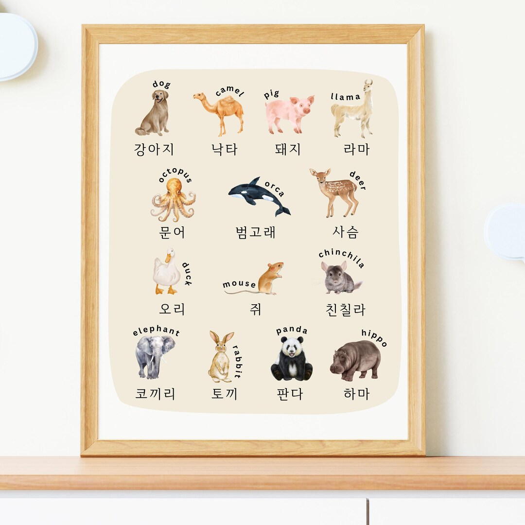 Animal Wall Art Printable in Korean Language & English | Toddler Kids ...