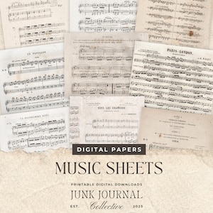 Op de afbeelding: Een collage van vintage bladmuziekpagina's in verschillende formaten en oriëntaties. De pagina's zijn verouderd met een sepia-tint, met muzieknotaties en tekst. De woorden "DIGITAL PAPERS" en "MUSIC SHEETS" worden weergegeven. Voor digitale downloads.