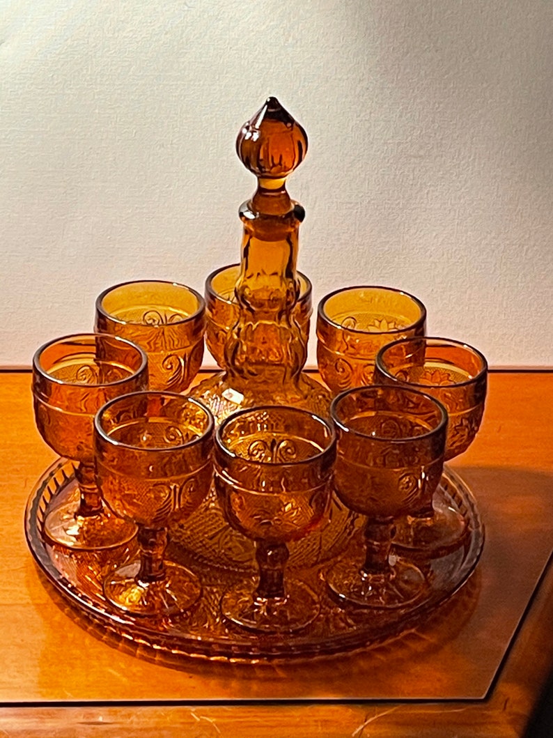Antique Amber Glass Decanter Set Etsy