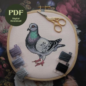 Op de afbeelding: Een kruissteekpatroon van een duif in een borduurring. De vogel is grijs, paars en groen. De afbeelding bevat borduurgaren, een gouden schaar en de tekst "PDF Digital Download". De borduurring heeft een diameter van ongeveer 20 cm.