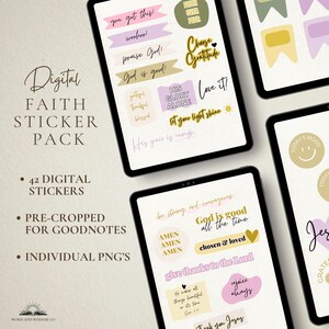 May include: Digital faith sticker pack with 42 stickers, pre-cropped for Goodnotes, and individual PNGs. The stickers feature inspirational phrases like "God is good!" and "Choose Gratitude" in various colors, displayed on digital tablets.