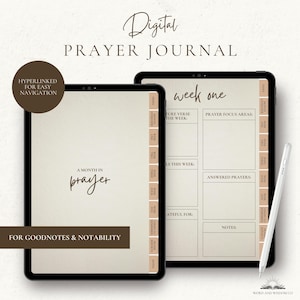 Pode incluir: Diário de oração digital para Goodnotes e Notability. O diário apresenta um layout semanal com seções para o versículo da Escritura, áreas de foco da oração, orações respondidas e notas. A capa apresenta o texto "Um mês em oração".