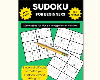 May include: A Sudoku puzzle book for beginners with 180 puzzles, suitable for ages 8 and up. The cover features the title "Sudoku for Beginners" and includes sample puzzles with a pencil. The book offers easy puzzles for kids and beginners of all ages.