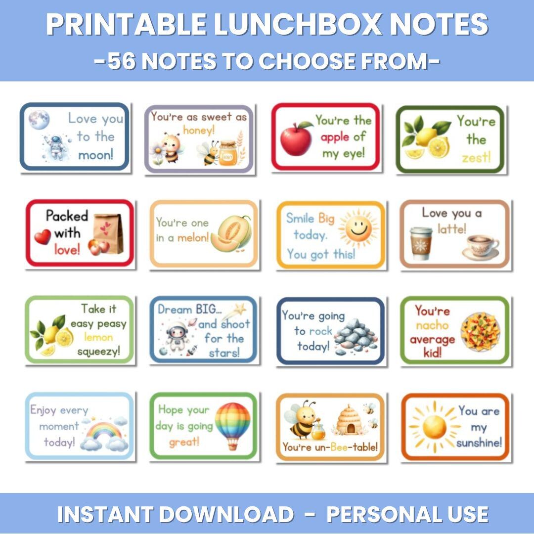 Printable Lunchbox Notes for Kids, 40 Cute Encouraging & Punny Cards ...