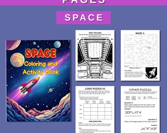 May include: A colorful "Space Coloring and Activity Book" with a rocket ship, planets, and stars. The image also shows activity pages with mazes, logic puzzles, and cipher puzzles. The text "COLORING & ACTIVITY PAGES" and "SPACE" are at the top.