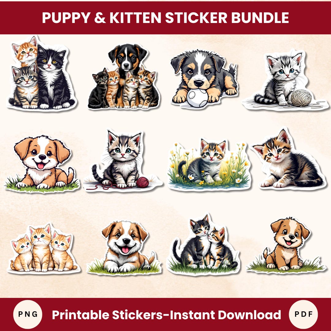 Cute Puppy and Kitten Printable Stickers for Kids and Adults. Adorable ...