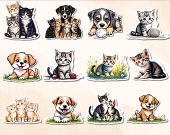 Pegatinas imprimibles de cachorros y gatitos para niños y adultos. Adorables pegatinas de mascotas para diarios, agendas, cuadernos, álbumes de recortes y más.