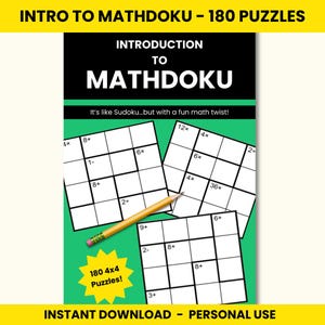 Może przedstawiać: Okładka książki z tytułem "INTRODUCTION TO MATHDOKU" i tekstem "It's like Sudoku...but with a fun math twist!". Okładka zawiera trzy łamigłówki Mathdoku, ołówek i tekst "180 4x4 Puzzles!". Tekst na dole brzmi "INSTANT DOWNLOAD - PERSONAL USE".