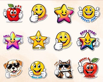 Encouragement Stickers for Kids, reward stickers for teachers, parents for school, homework, chores. Smiley Thumbs-Up, Well Done, Great Job.