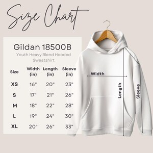 a size chart for a Gildan 18500B Youth Heavy Blend Hooded Sweatshirt, with measurements for different age groups: XS, S, M, L, XL, and XXL. The chart provides the width, length, and sleeve length for each size, along with corresponding measurements in inches.