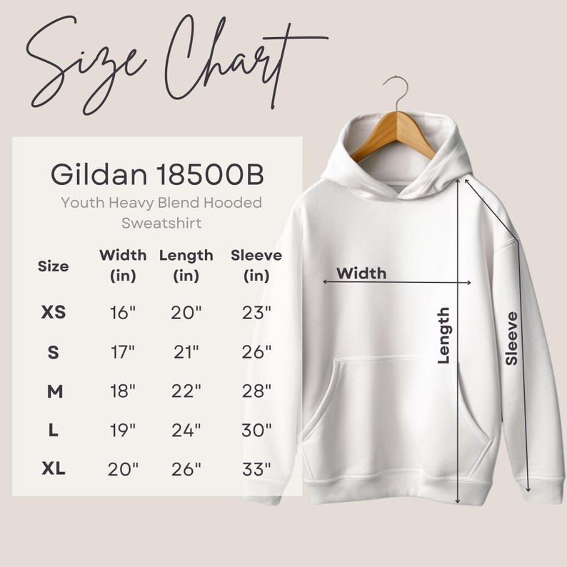 a size chart for a Gildan 18500B Youth Heavy Blend Hooded Sweatshirt, with measurements for different age groups: XS, S, M, L, XL, and XXL. The chart provides the width, length, and sleeve length for each size, along with corresponding measurements in inches.