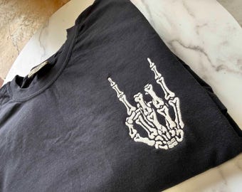 Embroidered Skeleton Rock n Roll Comfort Colors® Shirt, Skeleton Hand Tee