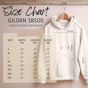 a size chart for a GILDA 18500 unisex hooded sweatshirt, with measurements for different sizes ranging from S to L.