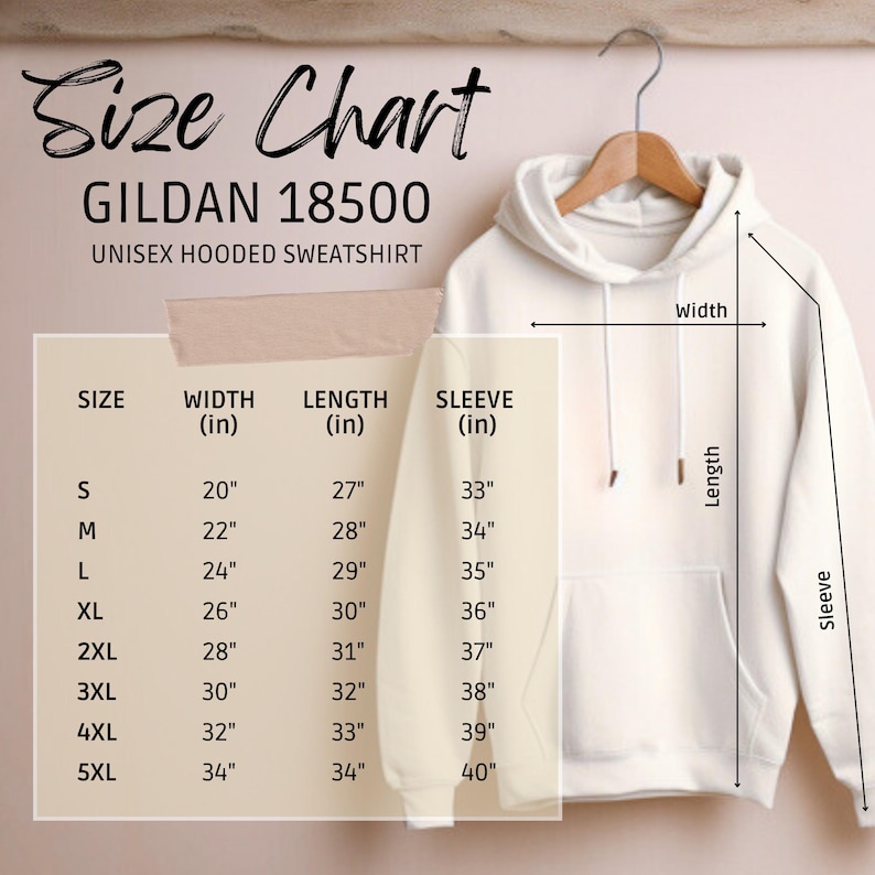 a size chart for a GILDA 18500 unisex hooded sweatshirt, with measurements for different sizes ranging from S to L.