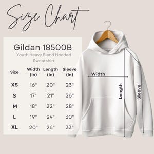 a size chart for a Gildan 18500B Youth Heavy Blend Hooded Sweatshirt, with measurements for different age groups: XS, S, M, L, XL, and XXL. The chart provides the width, length, and sleeve length for each size, along with corresponding measurements in inches.