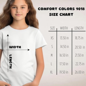 a young girl wearing a white t-shirt with a size chart displayed next to her.