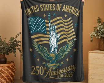 USA 250th Anniversary Blanket 1776-2026, United States of America Patriotic Throw, American Flag Statue of Liberty Gift