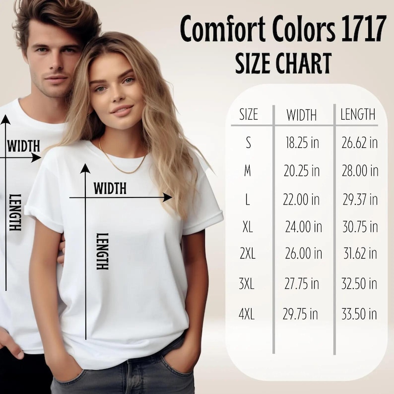 The image is a size chart for a man and a woman, showing the different sizes available for a t-shirt. The chart provides the corresponding widths and lengths for each size, ranging from 18.25 to 33.50 inches.