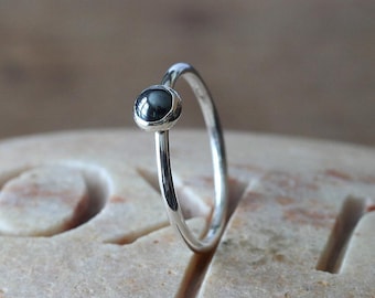 Handmade Sterling Silver Hematite Stacking Ring: Sustainable Boho Style