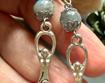 Spiral Goddess Charm Earrings with Labradorite Beads.