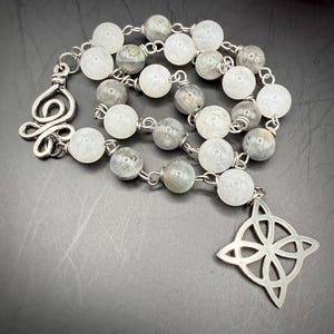 Labradorite Moonstone Witch’s Rosary:  Witch’s Knot Charm.