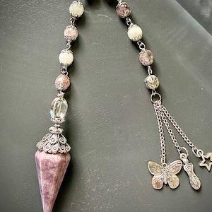 Handmade Lepidolite Point Pendulum with Strawberry Quartz and Moonstone Beads.