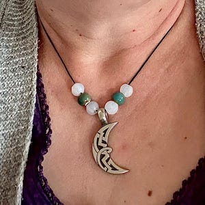 Celtic Knot Crescent Moon Adjustable Pendant Necklace with Beads.