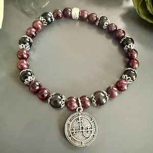 Goddess Lilith Sigil Charm Bracelet: Garnet and Black Obsidian Gemstones.