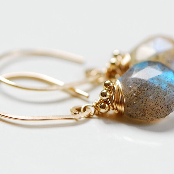 Labradorite Gemstone Earrings 14k gold filled  wire wrapped grey faceted briolette AA dangle Stone