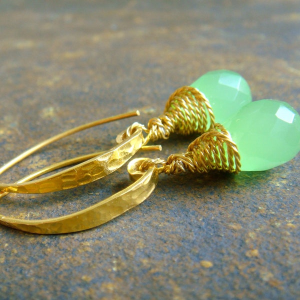 Chalcedondy briolette Earrings wire wrapped green Stone  24k gold vermeil hammered