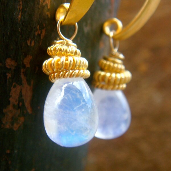 Rainbow Moonstone Earrings briolette white drops AAA Gemstone 24k gold vermeil hammered
