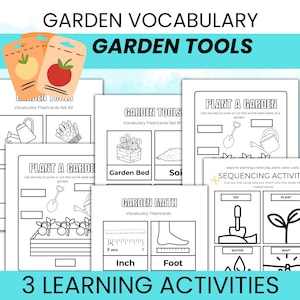 Pack d'activités de vocabulaire sur les outils de jardinage pour enfants : cartes de vocabulaire de mots visuels, séquence facile à cultiver, ce dont les plantes ont besoin, activité d'étiquetage