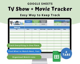 Könnte beinhalten: Ein Computermonitor zeigt einen Google Sheets TV Show + Movie Tracker. Die Tabelle enthält Felder zum Verfolgen von Film- und TV-Serientiteln, Status, Genre und Bewertungen. Der Text auf dem Bildschirm lautet "Easy Way to Keep Track."