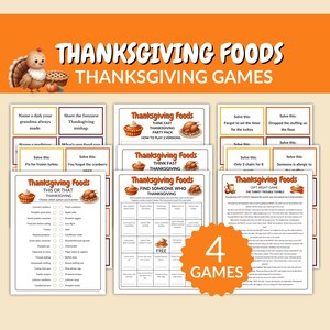 May include: Thanksgiving-themed party games set. Includes four different games with titles like "Thanksgiving Foods" and "Left-Right Game". The games feature illustrations of turkey, pie, and other holiday foods. The text on the games is in English.