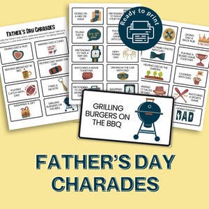 Juego de charadas imprimible para el Día del Padre. Divertida actividad para niños, familias, educación en casa y fiestas. Descarga instantánea en tamaño carta/A4.