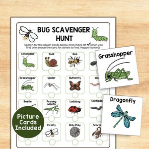 May include: A bug scavenger hunt game with a checklist of insects and picture cards. The game includes illustrations of a caterpillar, snail, bee, grasshopper, spider, butterfly, and more. The words "Bug Scavenger Hunt" are at the top.