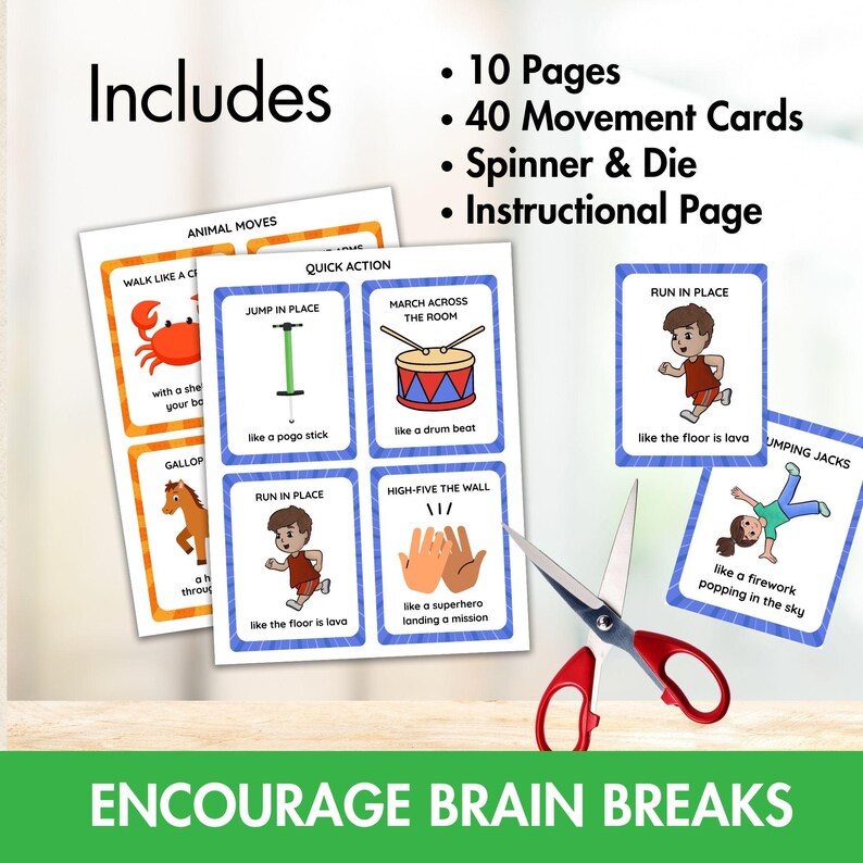 Movement Break Cards for Kids, Exercise Cards, Brain Break, Color-Coded Activities, 40 Printable Flashcards, Classroom & Homeschool Movement image 9