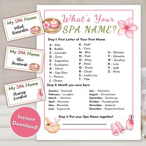 Könnte beinhalten: Ein druckbares Spa-Namenspiel mit rosa und grünen Akzenten. Das Design umfasst Spa-Themen-Grafiken wie eine Kerze, Blumen und Nagellack. Der Text lautet "What's Your SPA NAME?" und enthält Schritte zur Erstellung eines Spa-Namens.