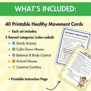 Movement Break Cards for Kids, Exercise Cards, Brain Break, Color-Coded Activities, 40 Printable Flashcards, Classroom & Homeschool Movement image 2