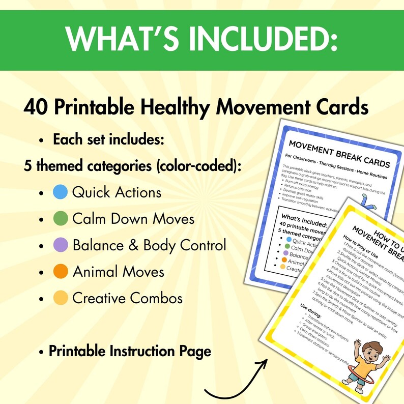 Movement Break Cards for Kids, Exercise Cards, Brain Break, Color-Coded Activities, 40 Printable Flashcards, Classroom & Homeschool Movement image 2