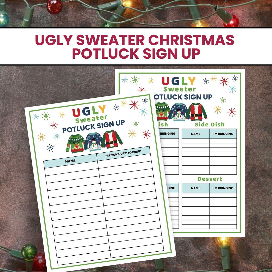 Potluck Sign up Sheets for Ugly Christmas Sweater, Holiday Potluck