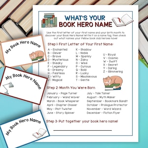 Könnte beinhalten: Ein bedrucktes Blatt mit einem Buch-Themen-Spiel, "Wie heißt dein Buchheld?" mit einer Liste von Namen und Monaten. Enthält drei Namensschilder mit dem Text "My Book Hero Name" und Illustrationen.